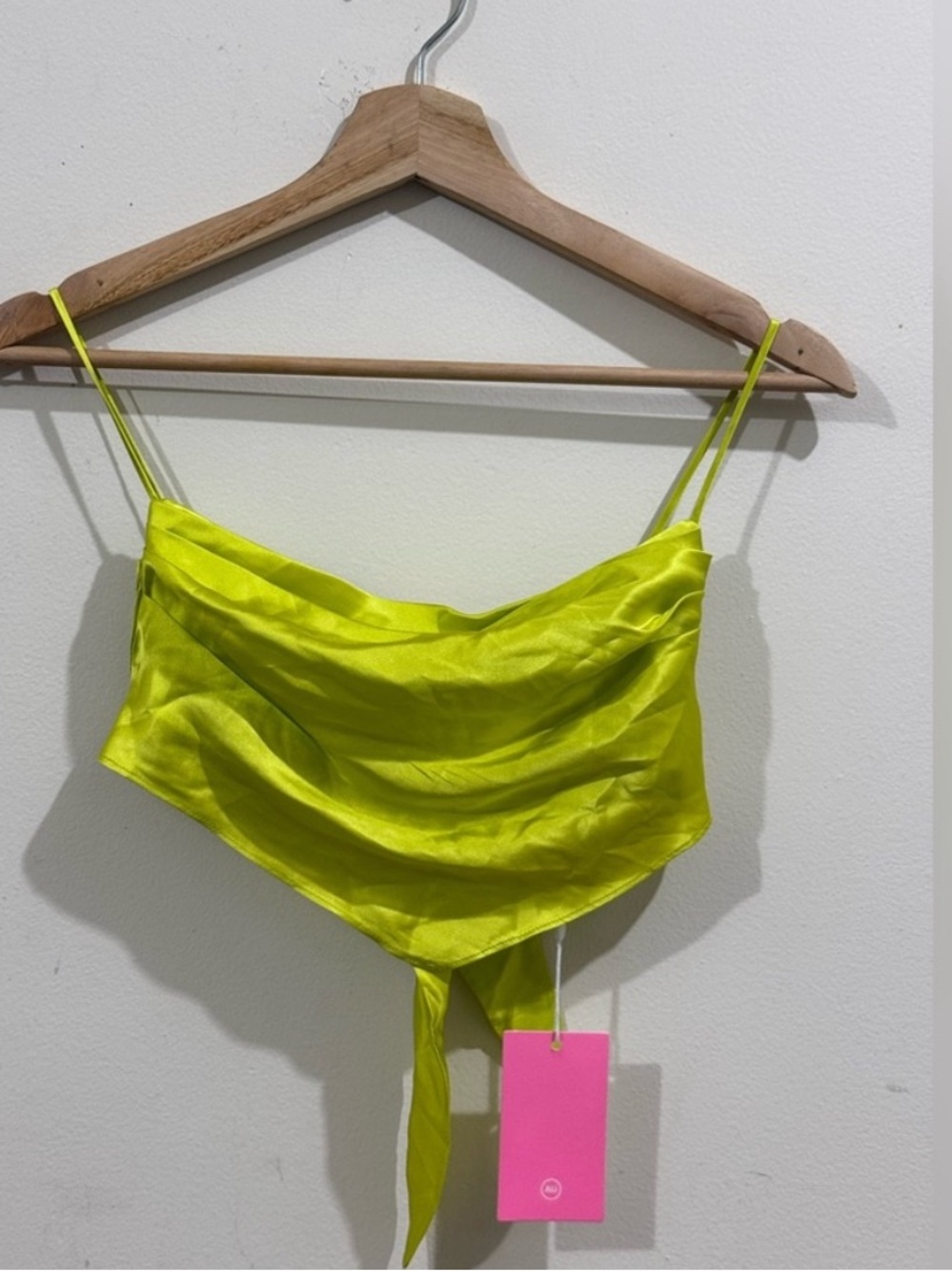Amanda Uprichard Neon Lime Silk Cowl Tie-Front Crop Top
